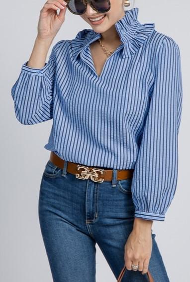 Ruffle Collar Stripe Top