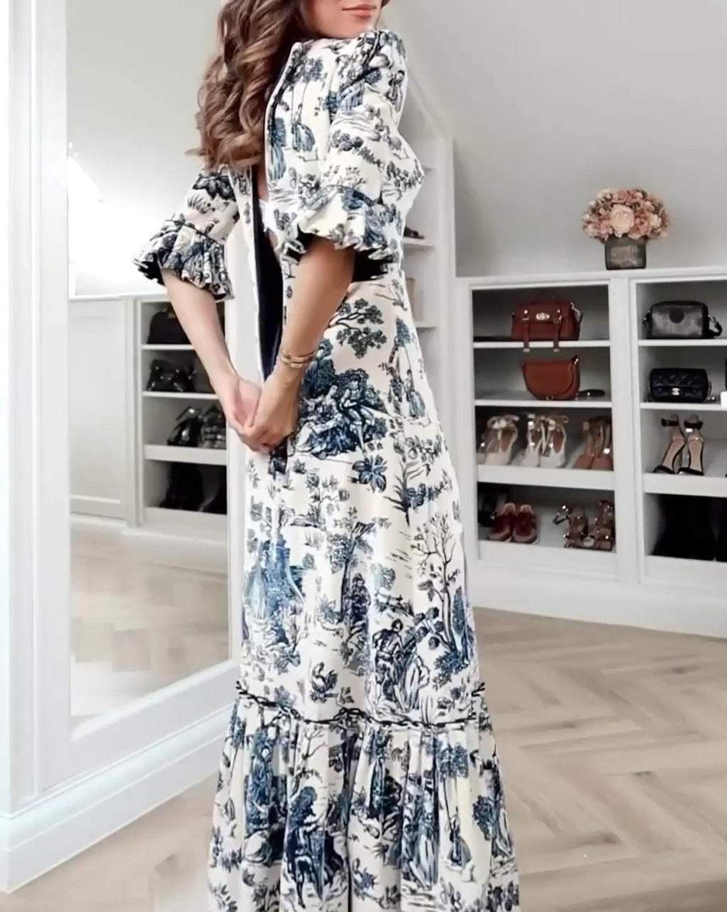 Slim-fitting Landscape Painting Maxi Dress