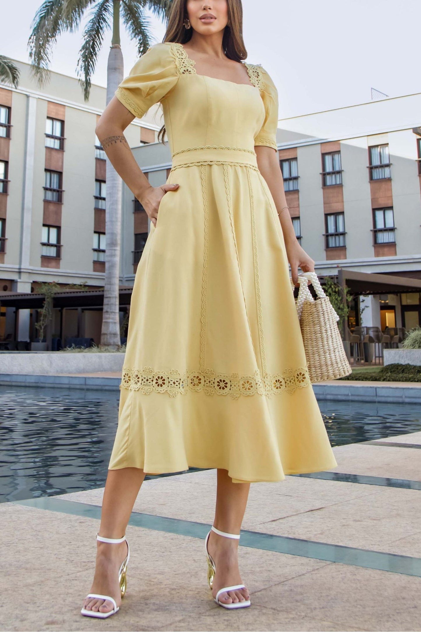 Yellow Square-Neck Short-Sleeve Midi Dress