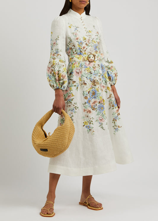 Floral-Print Linen Midi Dress