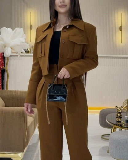 Cropped Jacket With Slim-fit Overalls 2pc Set