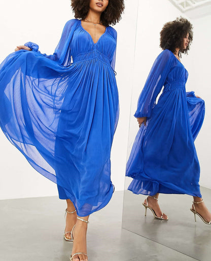 Blue Gemstone Chiffon Ruched Gathered Waist Maxi Dress