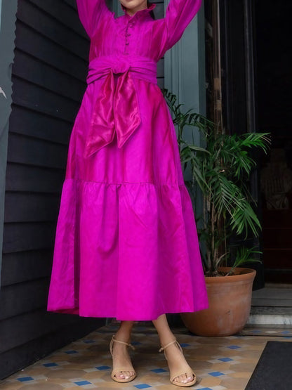 Hot Pink Raw Silk Maxi Dress