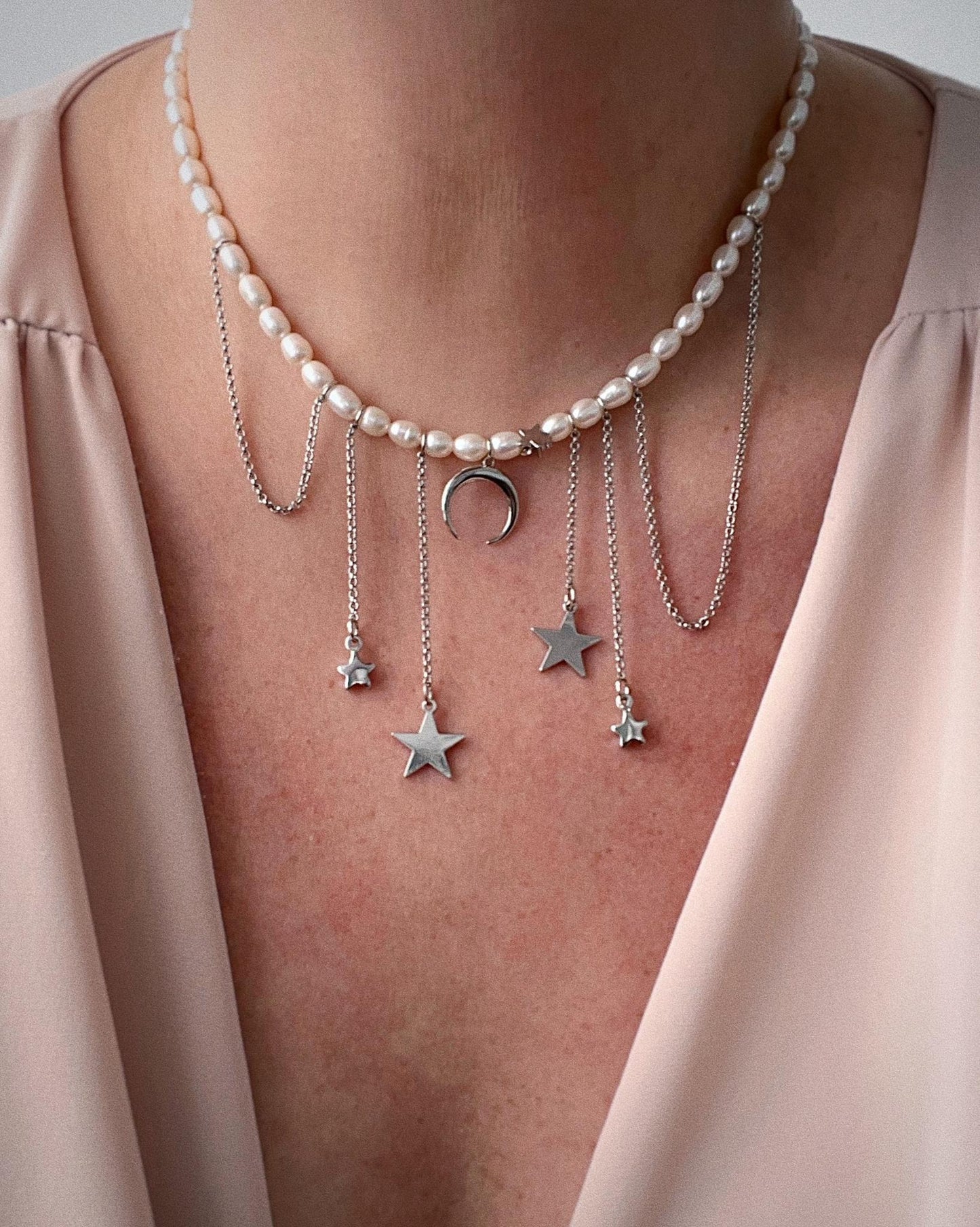 Rhinestone Star and Moon Tassel Pearl Necklace