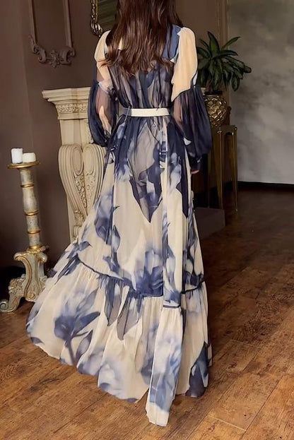 Blue Printed Chiffon Waistless Maxi Dress