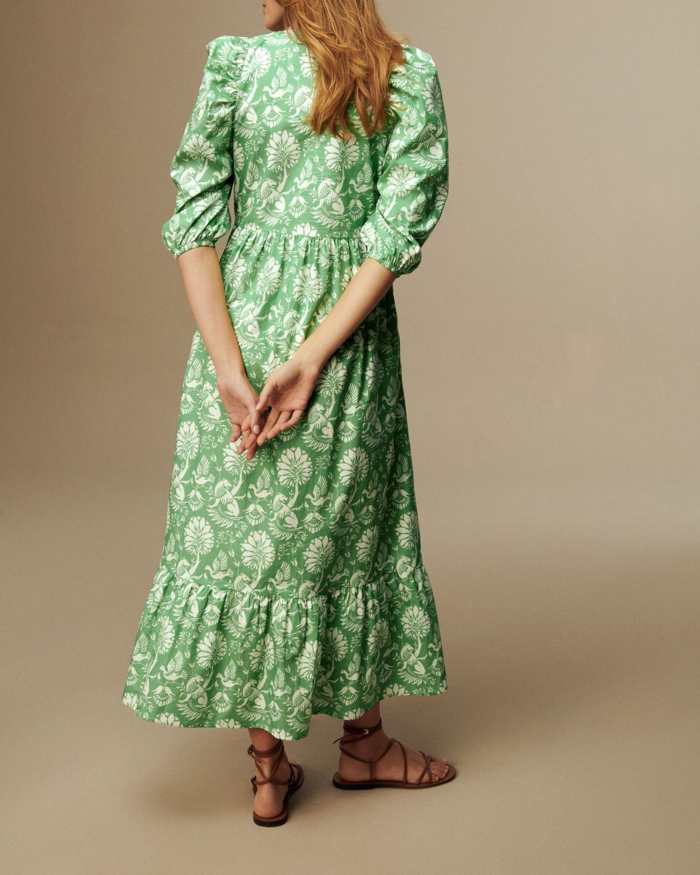 Green Floral Printed Cotton Long Maxi Dress