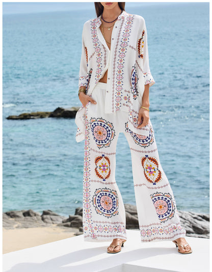 White Loose Casual Print Two-piece Set