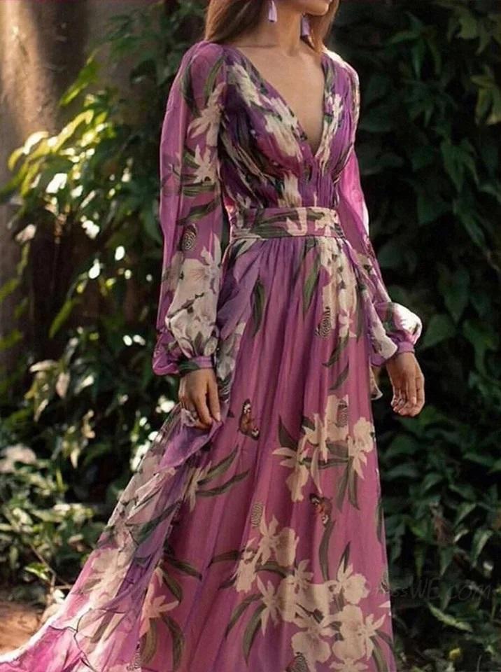 Women Sexy Floral Printed V-Neck Dress