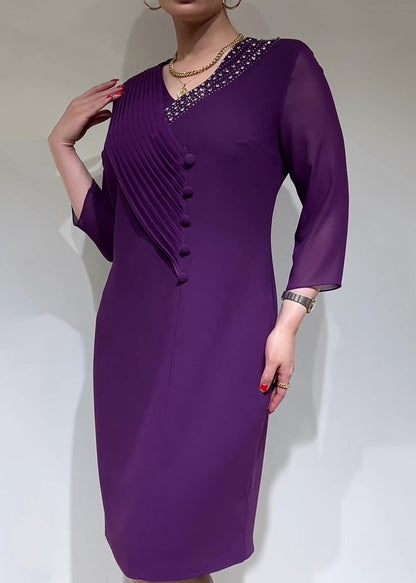 Purple Elegant V-Neck Midi Dress