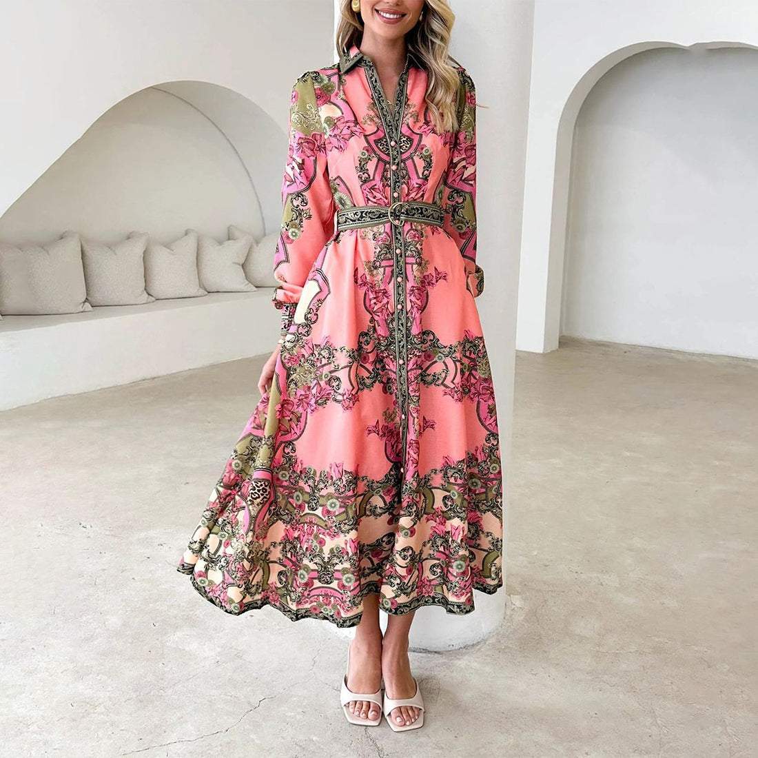 Chic Pink Long Sleeve Maxi Dress