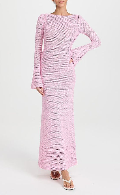 Pink Flared Sleeve Knit Maxi Dress