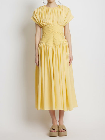 Round Neck Solid Pleated Dress