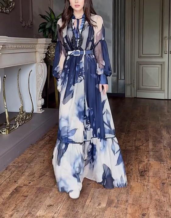 Blue Printed Chiffon Waistless Maxi Dress