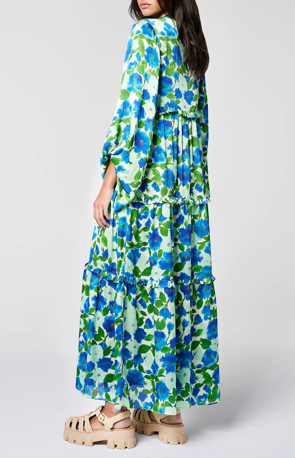 Blue Green Printed Long Sleeve Maxi Dress