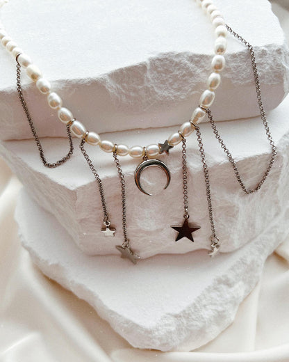 Rhinestone Star and Moon Tassel Pearl Necklace