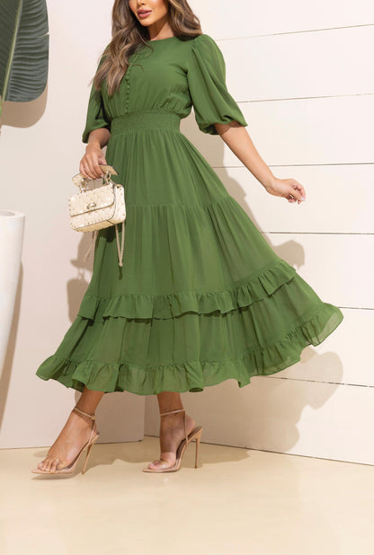 Green Short Sleeve Midi Dress