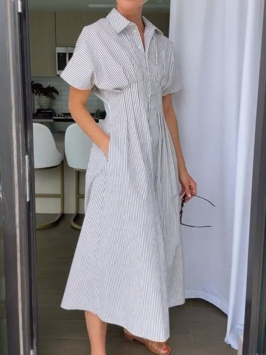 Slim Waist Striped Midi Shirt Dress