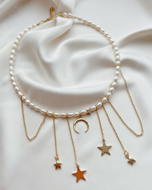 Rhinestone Star and Moon Tassel Pearl Necklace