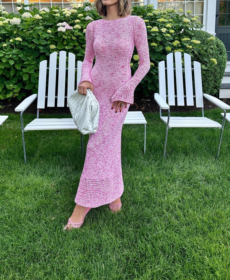 Pink Flared Sleeve Knit Maxi Dress