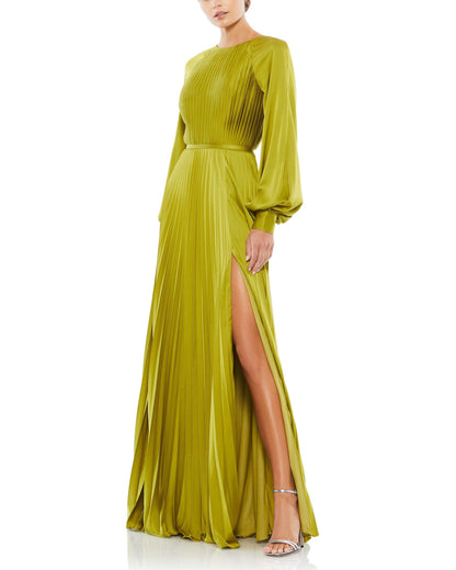 Pleated High Neck Raglan Long Sleeve Side Slit Gown