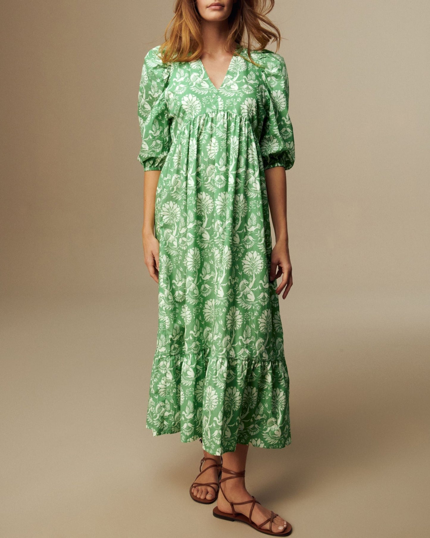 Green Floral Printed Cotton Long Maxi Dress