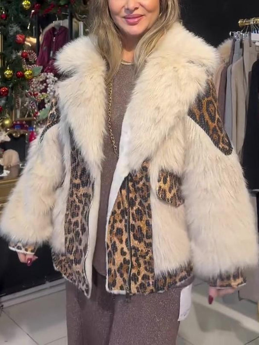White Leopard Print Fur Coat