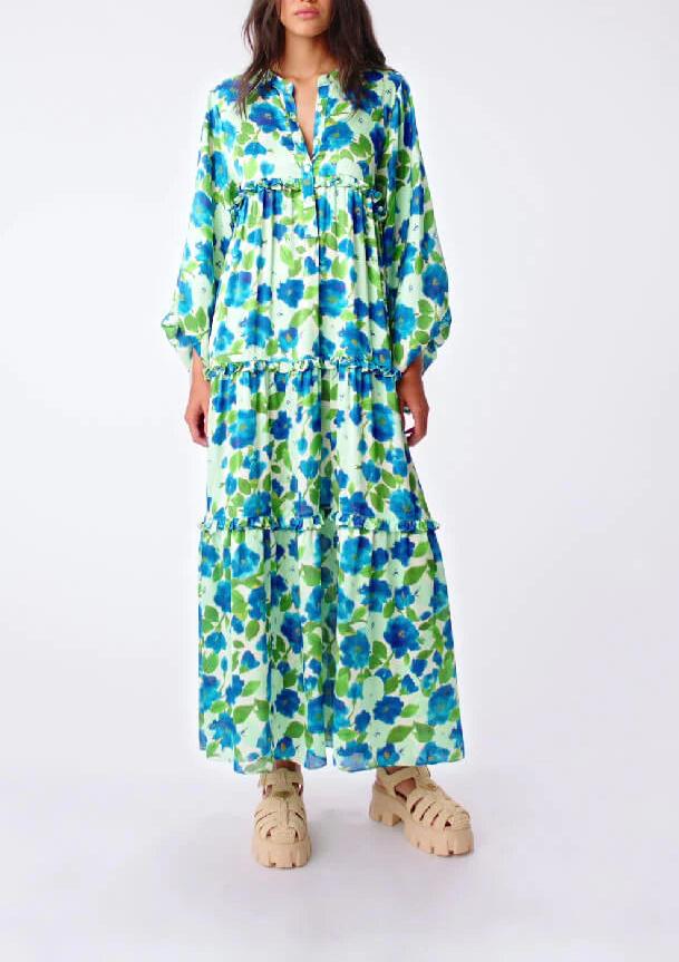 Blue Green Printed Long Sleeve Maxi Dress