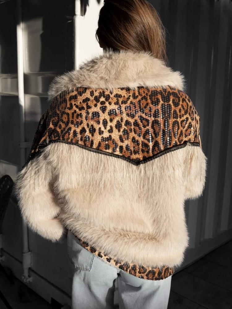 White Leopard Print Fur Coat