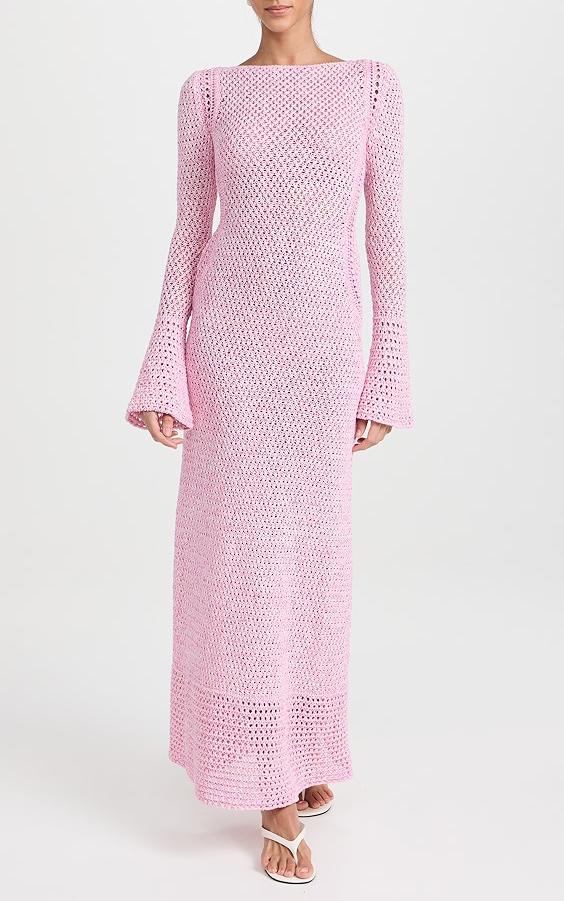 Pink Flared Sleeve Knit Maxi Dress