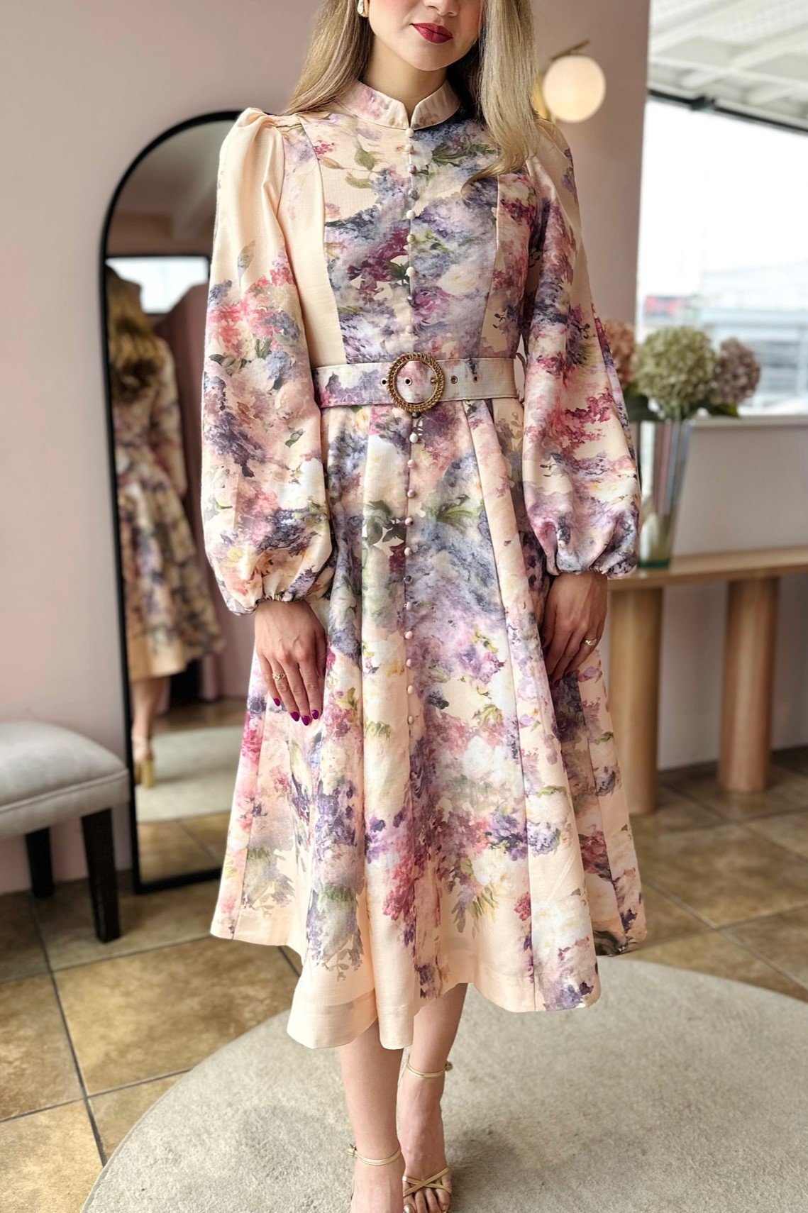 PURPLE FLOWER BUTTON SHIRT DRESS