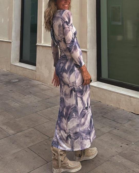 Smooth-dyed Printed Mesh Slim-fit Maxi Dress