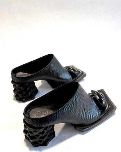 Retro metal buckle toe thick heel slippers