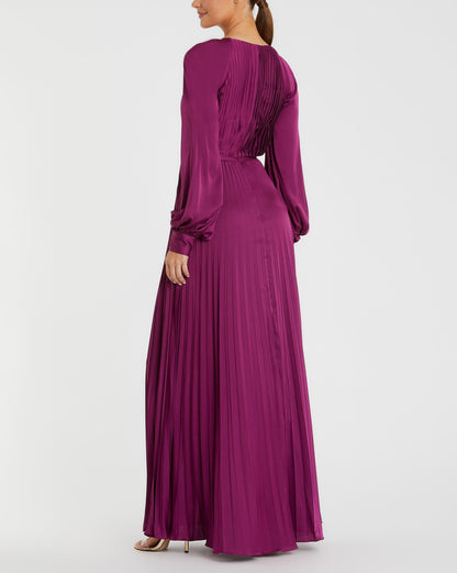 Pleated High Neck Raglan Long Sleeve Side Slit Gown