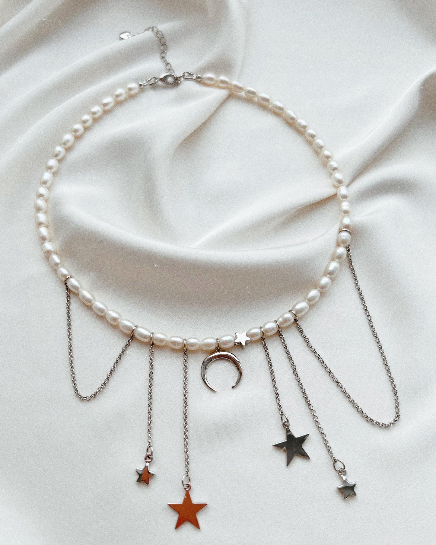 Rhinestone Star and Moon Tassel Pearl Necklace