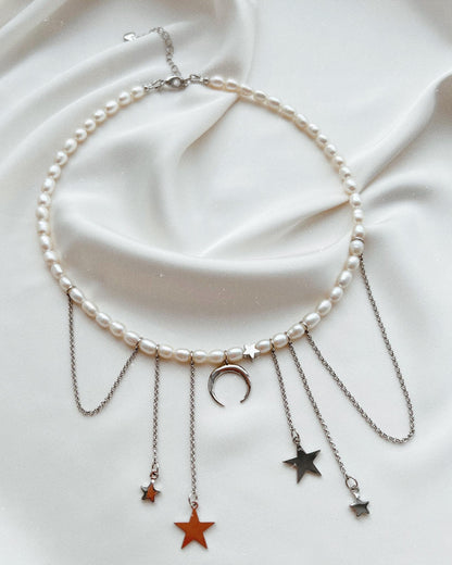 Rhinestone Star and Moon Tassel Pearl Necklace