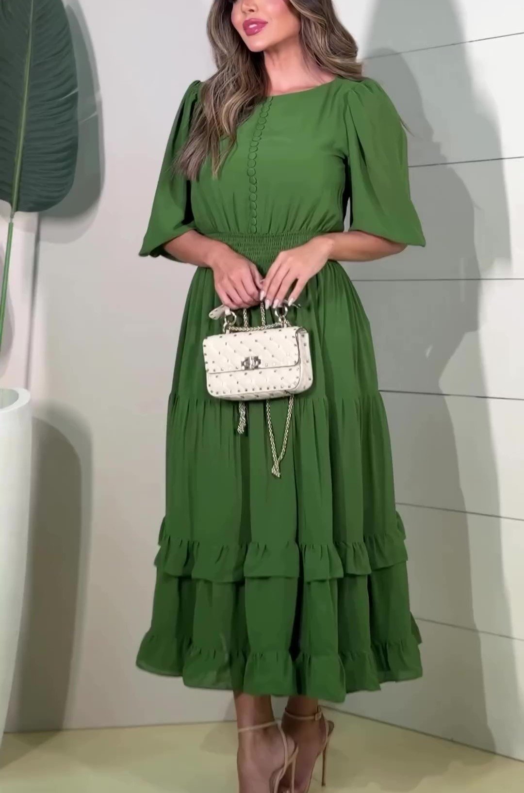 Green Short Sleeve Midi Dress