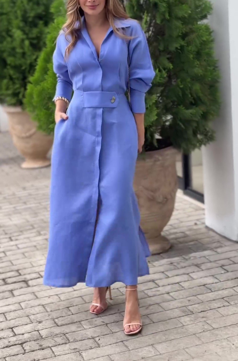 Slit Hem Solid Short Sleeve Midi Shirtdress