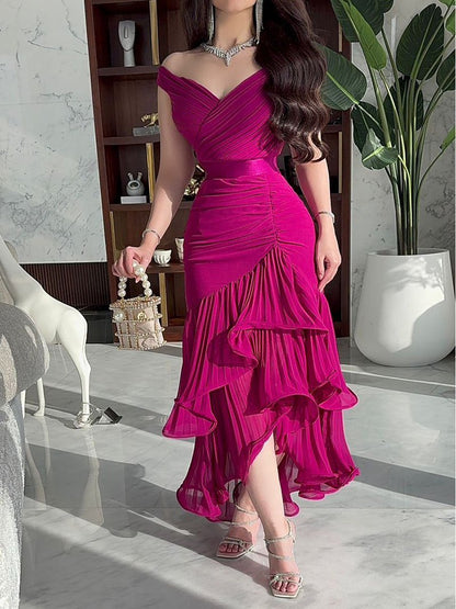 Elegant V-neck Ruffled Irregular Hem Dress