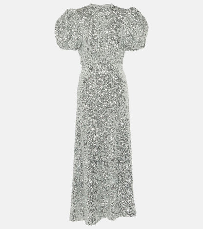 Puff-sleeve sequined midi dress