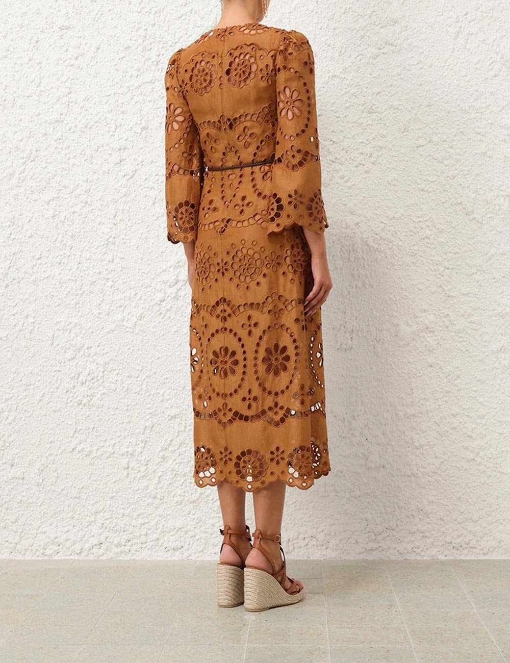 Light Brown Cutout Round Neck Long Sleeve Dress