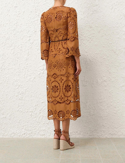 Light Brown Cutout Round Neck Long Sleeve Dress