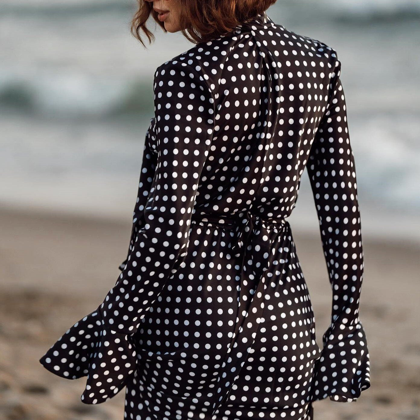 Black Polka Dot Elegant Long Sleeve Dress