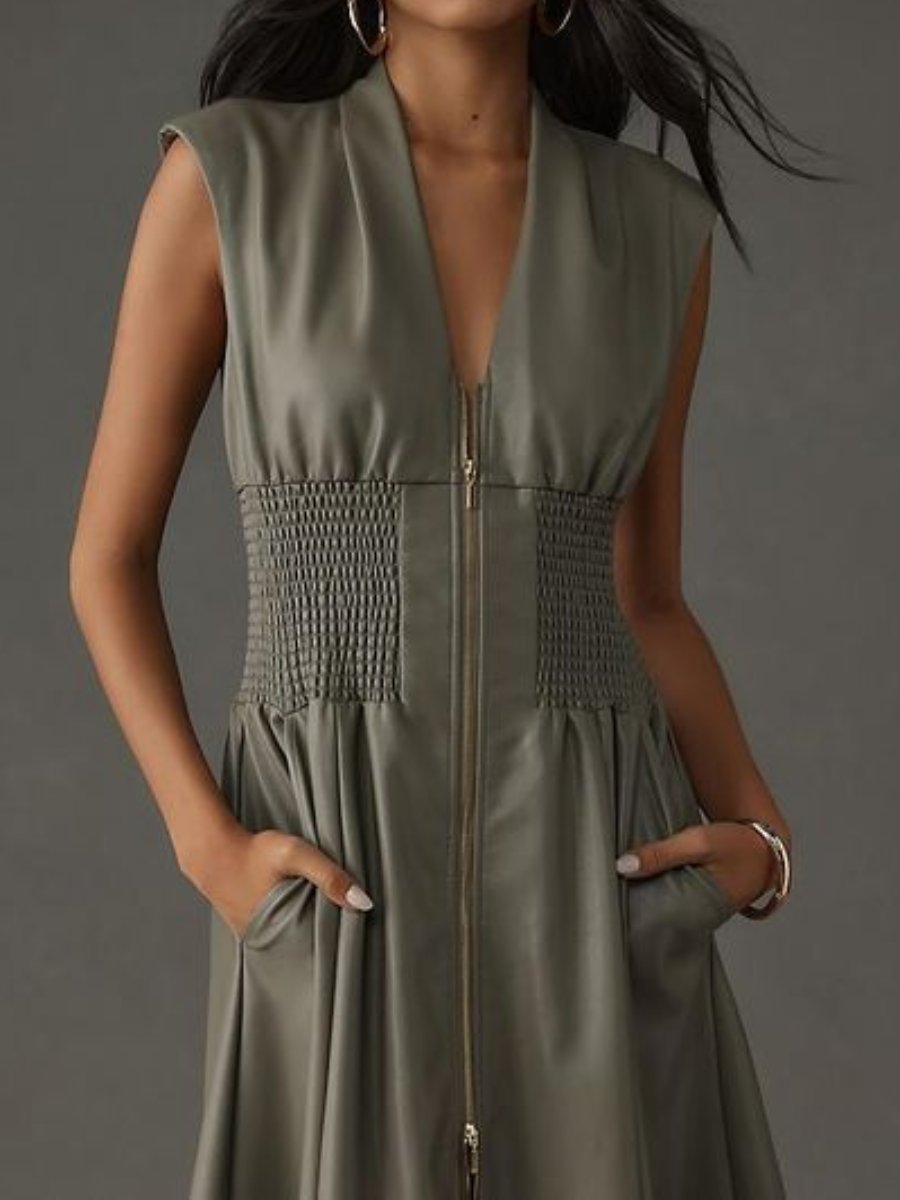 Chic Sleeveless Zip Leather Dress