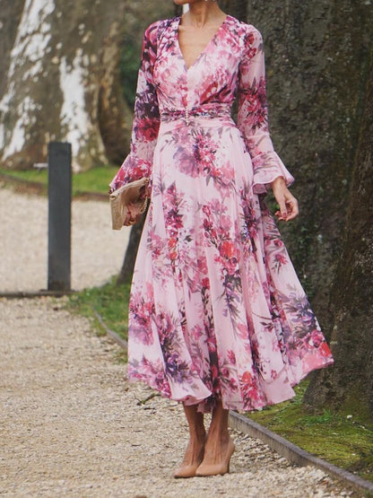 Elegant Printed Peach Blossom Dress