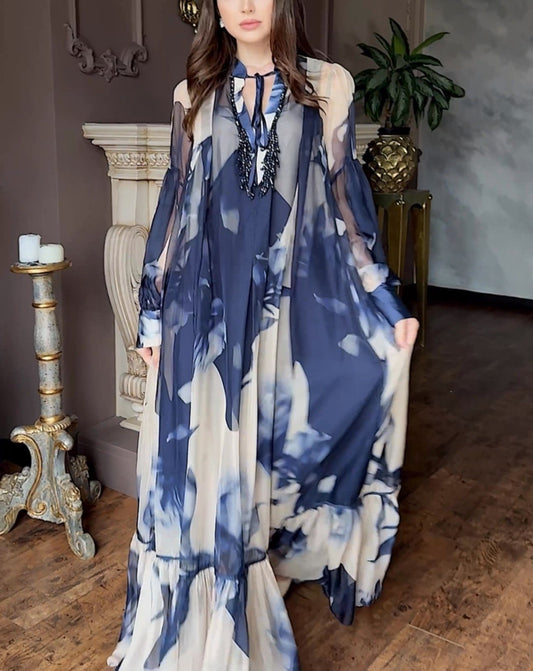 Blue Printed Chiffon Waistless Maxi Dress