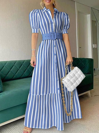 Casual Puff Short Sleeve Ruffle Hem Maxi Dresses With Belt