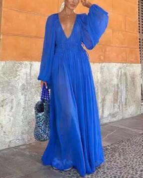 Blue Gemstone Chiffon Ruched Gathered Waist Maxi Dress