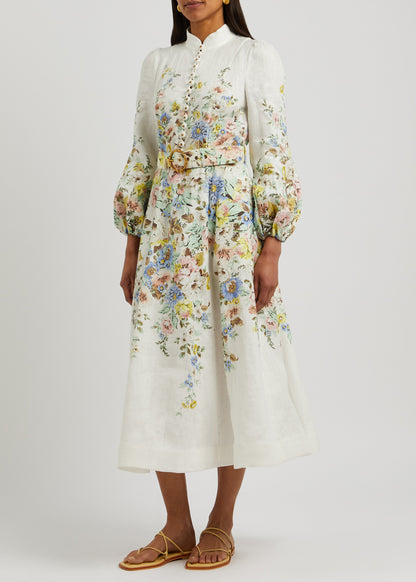 Floral-Print Linen Midi Dress