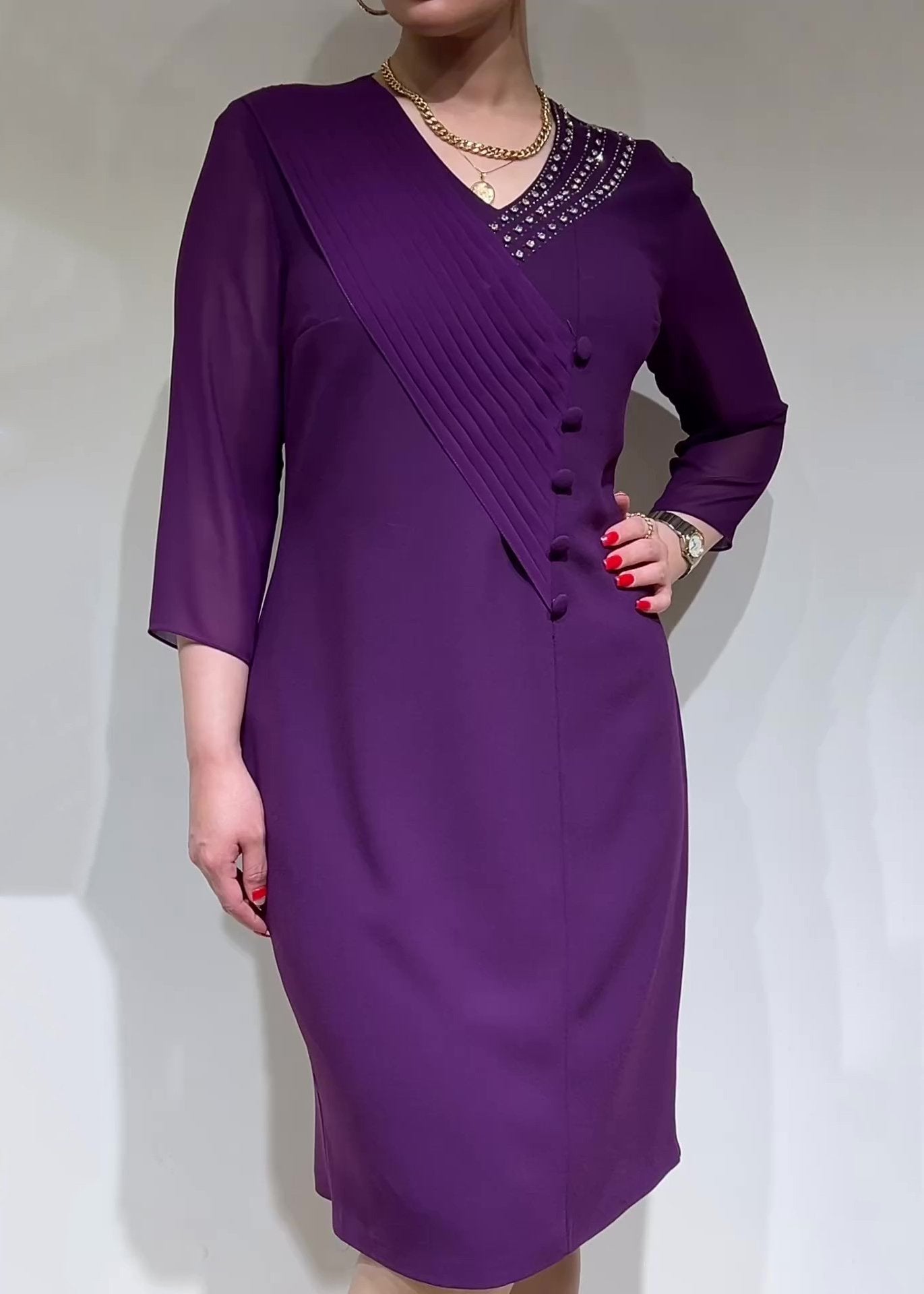 Purple Elegant V-Neck Midi Dress