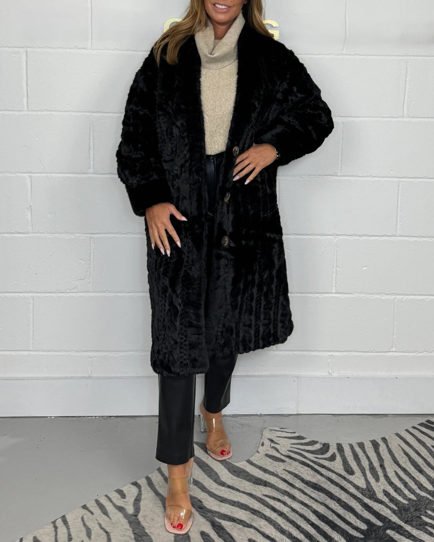 Faux Fur Cable Knit Long Coat